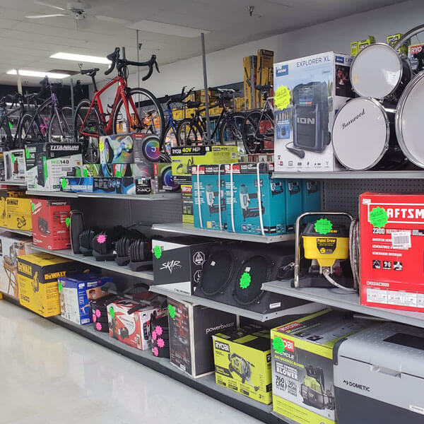 pawn shop shelves filled with items